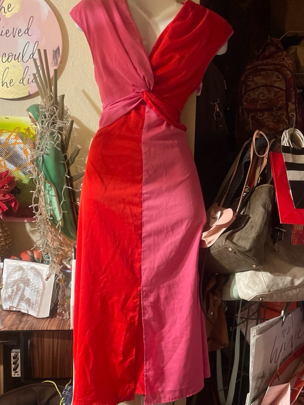 Twist-Front Pink and Red Colorblock Midi Dress